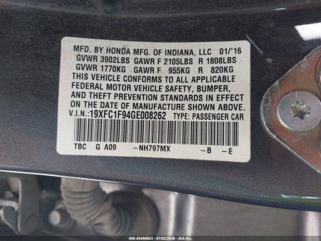 Aukcja sprzedaży 2016 Honda Civic Touring, vin: 19XFC1F94GE008262, numer aukcji: 45490603