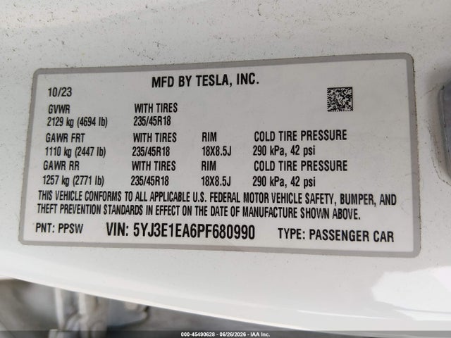Aukcja sprzedaży 2023 Tesla Model 3 Rear-wheel Drive, vin: 5YJ3E1EA6PF680990, numer aukcji: 45490628