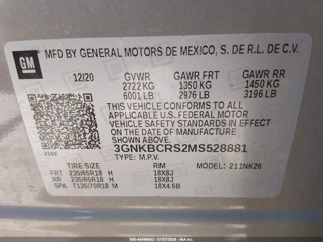 3GNKBCRS2MS528881 Chevrolet Blazer Fwd 2lt