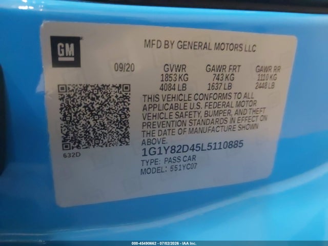 1G1Y82D45L5110885 Chevrolet Corvette Stingray Rwd 3lt