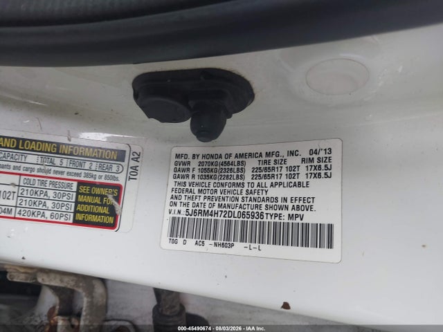 45490674 :رقم المزاد ، 5J6RM4H72DL065936 vin ، 2013 Honda Cr-v Ex-l مزاد بيع