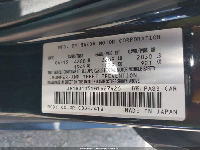 Aukcja sprzedaży 2016 Mazda Mazda6 I Touring, vin: JM1GJ1T51G1427426, numer aukcji: 45490675