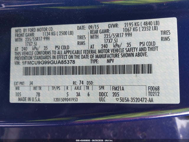 Ford ESCAPE SE 2016 1FMCU9G99GUA85378 Image 9