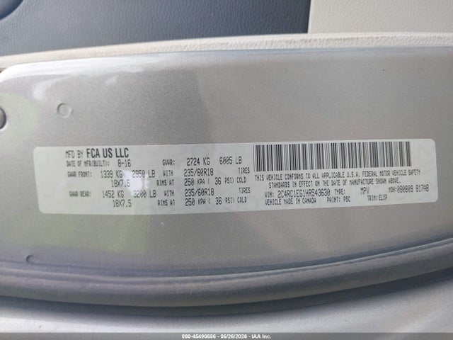 Aukcja sprzedaży 2017 Chrysler Pacifica Touring-l Plus, vin: 2C4RC1EG1HR543630, numer aukcji: 45490696