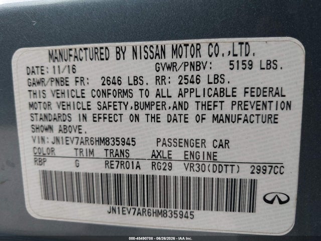 Aukcja sprzedaży 2017 Infiniti Q50 3.0t Premium, vin: JN1EV7AR6HM835945, numer aukcji: 45490708