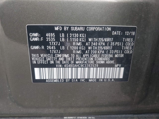 45490717 :رقم المزاد ، 4S4BSAHC9K3282529 vin ، 2019 Subaru Outback 2.5i Premium مزاد بيع