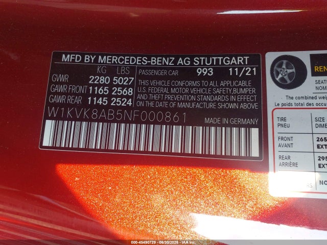 Aukcja sprzedaży 2022 Mercedes-benz Amg Sl 55 4matic, vin: W1KVK8AB5NF000861, numer aukcji: 45490729