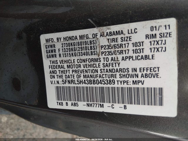 45490734 :رقم المزاد ، 5FNRL5H43BB045389 vin ، 2011 Honda Odyssey Ex مزاد بيع
