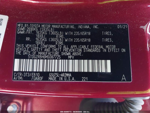 5TDGZRBH6MS087725 Toyota Highlander Xle