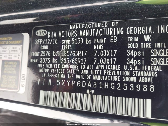 Aukcja sprzedaży 2017 Kia Sorento 2.4l Lx, vin: 5XYPGDA31HG253988, numer aukcji: 45490773