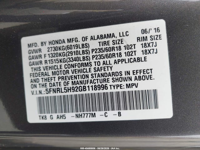 5FNRL5H92GB118996 Honda Odyssey Touring/touring Elite