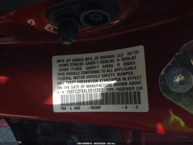 Aukcja sprzedaży 2020 Honda Civic Lx, vin: 19XFC2F6XLE012287, numer aukcji: 45490810