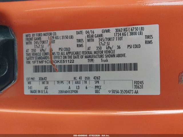 45490845 :رقم المزاد ، 1FTMF1CF3GKE51122 vin ، 2016 Ford F-150 Xl/xlt مزاد بيع