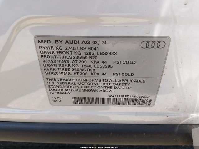 Aukcja sprzedaży 2024 Audi Q4 E-tron Premium Plus 55 Quattro, vin: WA1LUBFZ1RP060323, numer aukcji: 45490847