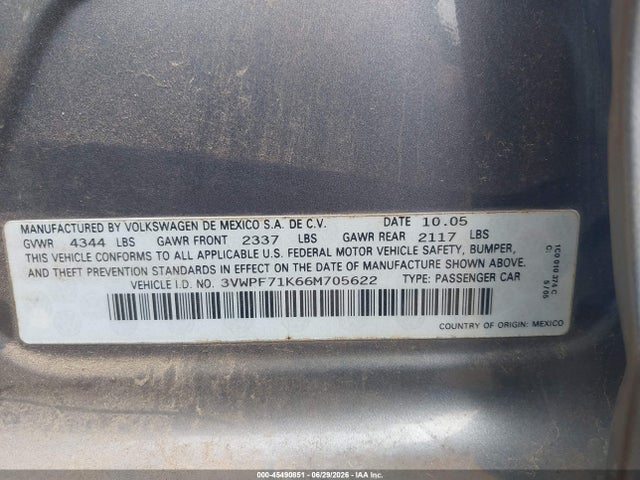 Продажа на аукционе авто 2006 Volkswagen Jetta Value Edition, vin: 3VWPF71K66M705622, номер лота: 45490851