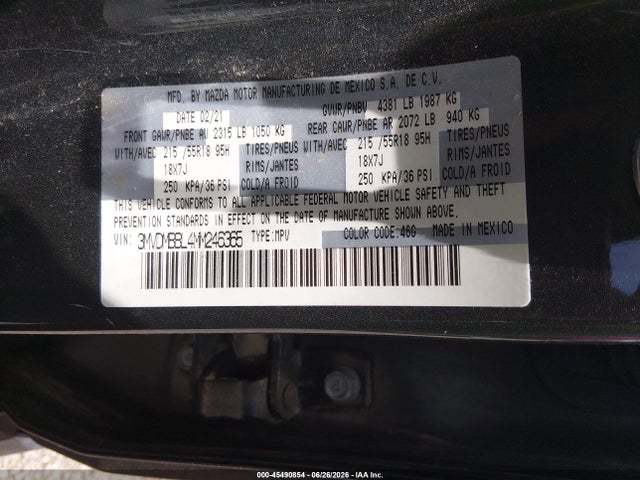 45490854 :رقم المزاد ، 3MVDMBBL4MM246365 vin ، 2021 Mazda Cx-30 Select مزاد بيع