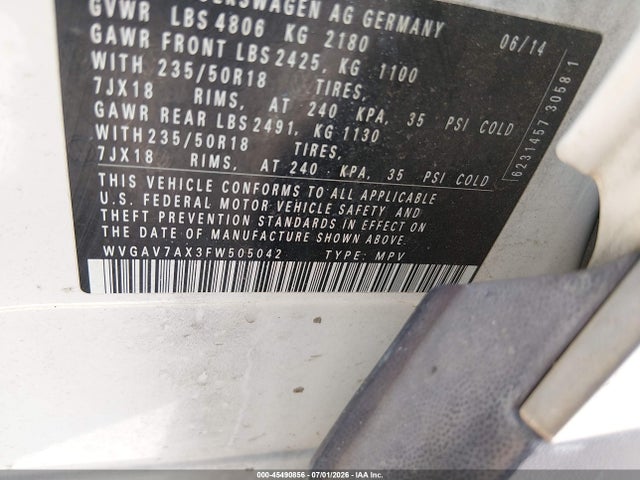 WVGAV7AX3FW505042 Volkswagen TIGUAN SE