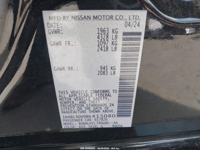 Продажа на аукционе авто 2024 Nissan Altima Sv Fwd, vin: 1N4BL4DV0RN415080, номер лота: 45490863