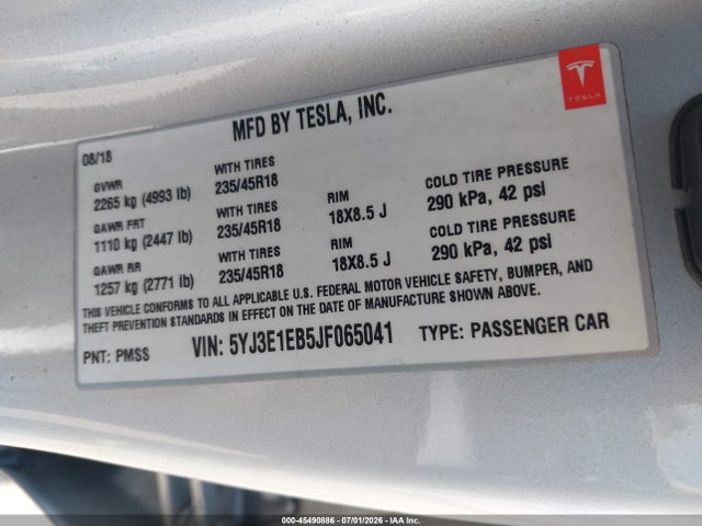 Продаж на аукціоні авто 2018 Tesla Model 3 Long Range/performance, vin: 5YJ3E1EB5JF065041, номер лоту: 45490886