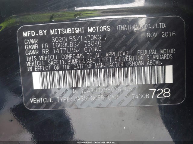 Продажа на аукционе авто 2017 Mitsubishi Mirage Es, vin: ML32A3HJXHH016906, номер лота: 45490907