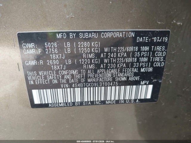 Продаж на аукціоні авто 2020 Subaru Outback Onyx Edition Xt, vin: 4S4BTGKD9L3100475, номер лоту: 45490908