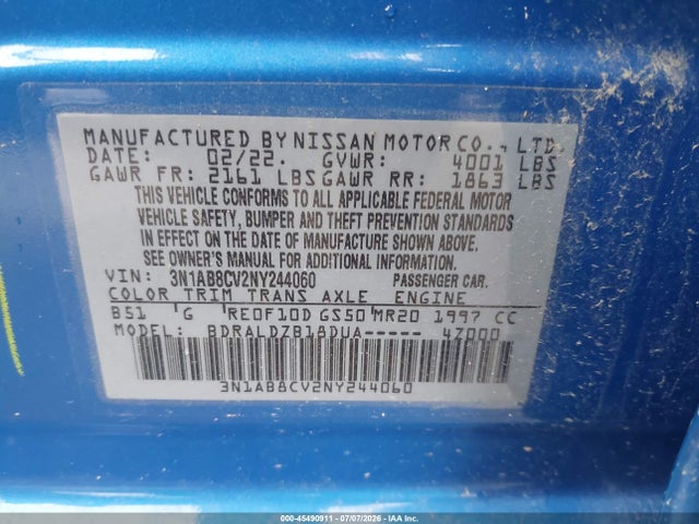 Aukcja sprzedaży 2022 Nissan Sentra Sv Xtronic Cvt, vin: 3N1AB8CV2NY244060, numer aukcji: 45490911