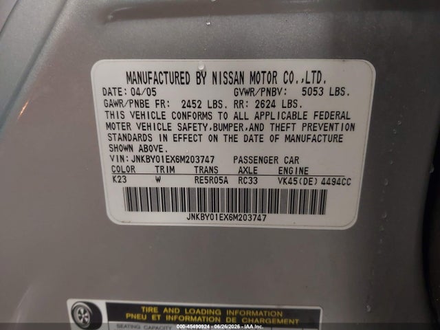 Aukcja sprzedaży 2006 Infiniti M45 Sport, vin: JNKBY01EX6M203747, numer aukcji: 45490924