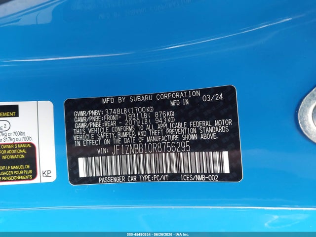 45490934 :رقم المزاد ، JF1ZNBB10R8756295 vin ، 2024 Toyota Gr86 مزاد بيع