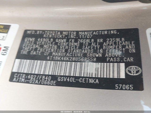 2008 Toyota Camry Le მანქანა იყიდება აუქციონზე, vin: 4T1BK46K28U568558, აუქციონის ნომერი: 45490935