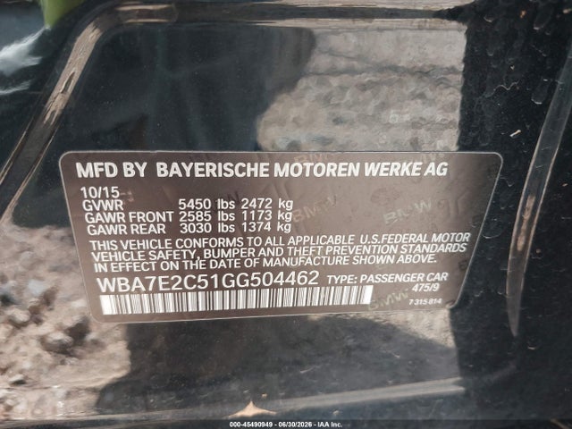 Aukcja sprzedaży 2016 Bmw 740i, vin: WBA7E2C51GG504462, numer aukcji: 45490949