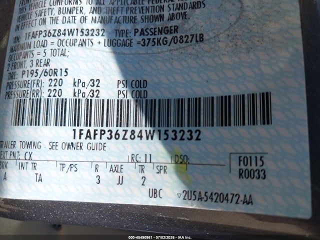 Aukcja sprzedaży 2004 Ford Focus Se, vin: 1FAFP36Z84W153232, numer aukcji: 45490961