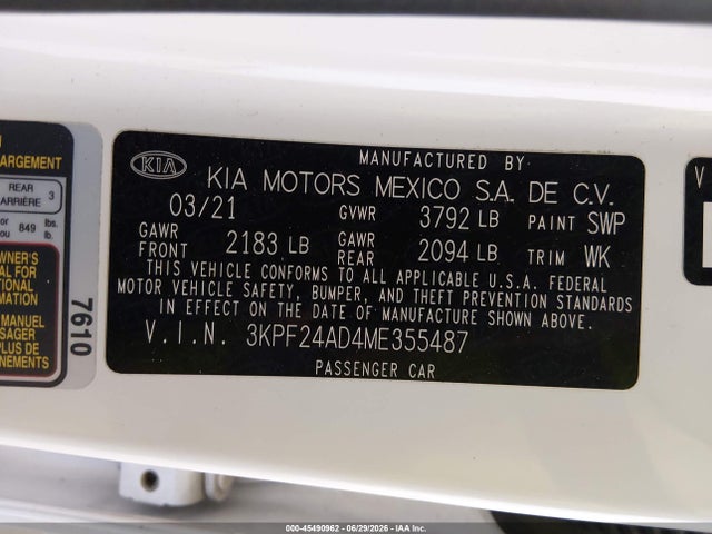 3KPF24AD4ME355487 KIA Forte Lxs