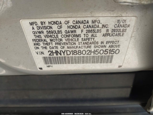 45490969 :رقم المزاد ، 2HNYD18802H505150 vin ، 2002 Acura Mdx مزاد بيع