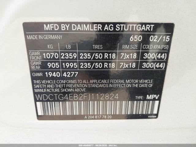 Продаж на аукціоні авто 2015 Mercedes-benz Gla 250, vin: WDCTG4EB2FJ112824, номер лоту: 45490977