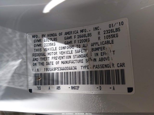 45490983 :رقم المزاد ، 19UUA9F53AA004434 vin ، 2010 Acura Tl 3.7 مزاد بيع