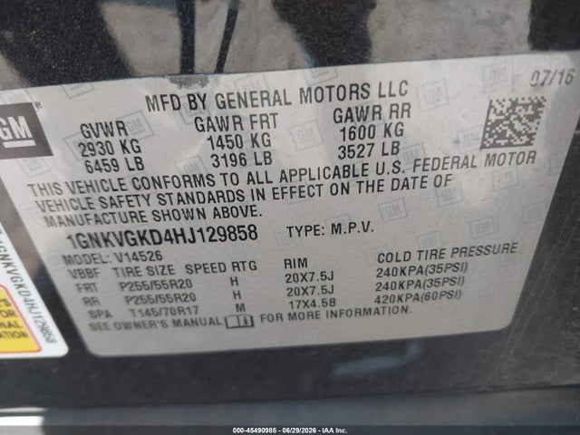 Chevrolet Traverse Lt 2017 1GNKVGKD4HJ129858 Image 9