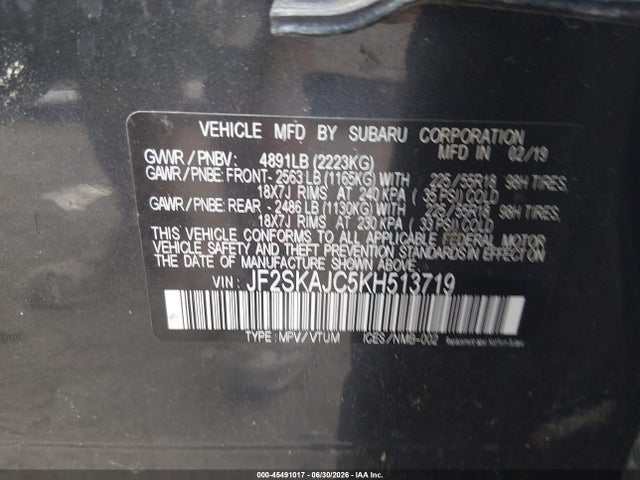 45491017 :رقم المزاد ، JF2SKAJC5KH513719 vin ، 2019 Subaru Forester Sport مزاد بيع