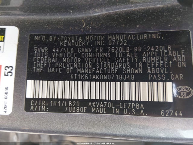 2022 Toyota Camry Xse მანქანა იყიდება აუქციონზე, vin: 4T1K61AK0NU718348, აუქციონის ნომერი: 45491025