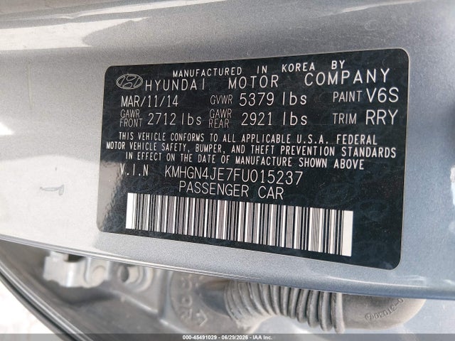 45491029 :رقم المزاد ، KMHGN4JE7FU015237 vin ، 2015 Hyundai Genesis 3.8 مزاد بيع