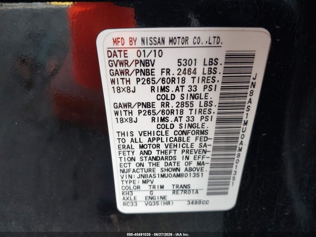 Продаж на аукціоні авто 2010 Infiniti Fx35, vin: JN8AS1MU0AM801351, номер лоту: 45491038