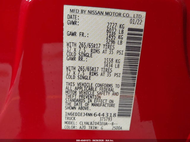 Nissan Frontier Sv 4x2 2022 1N6ED1EJ4NN644318 Image 9