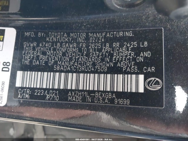 Auction sale of the 2024 Lexus Es 300h, vin: 58ADA1C13RU047509, lot number: 45491081