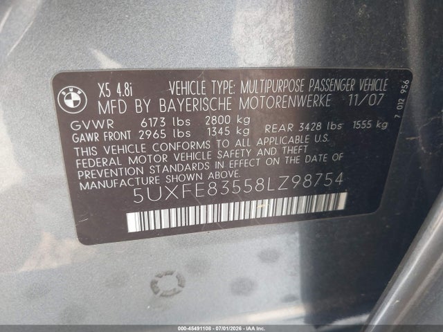 45491108 :رقم المزاد ، 5UXFE83558LZ98754 vin ، 2008 Bmw X5 4.8i مزاد بيع