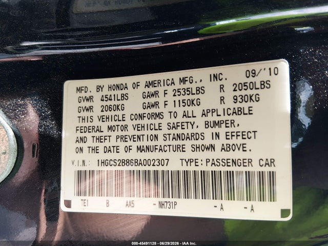 Продаж на аукціоні авто 2011 Honda Accord 3.5 Ex-l, vin: 1HGCS2B86BA002307, номер лоту: 45491128