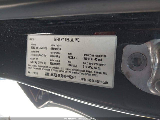 Tesla Model 3 Long Range/mid Range/standard Range/standard Range Plus 2019 5YJ3E1EA0KF297331 Image 9