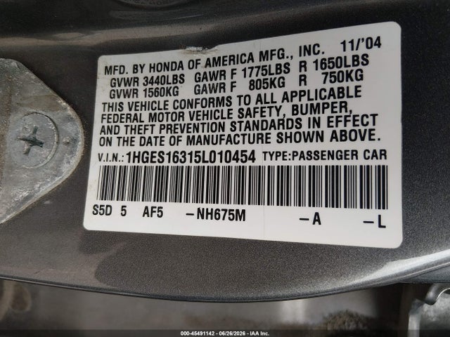 45491142 :رقم المزاد ، 1HGES16315L010454 vin ، 2005 Honda Civic Vp مزاد بيع