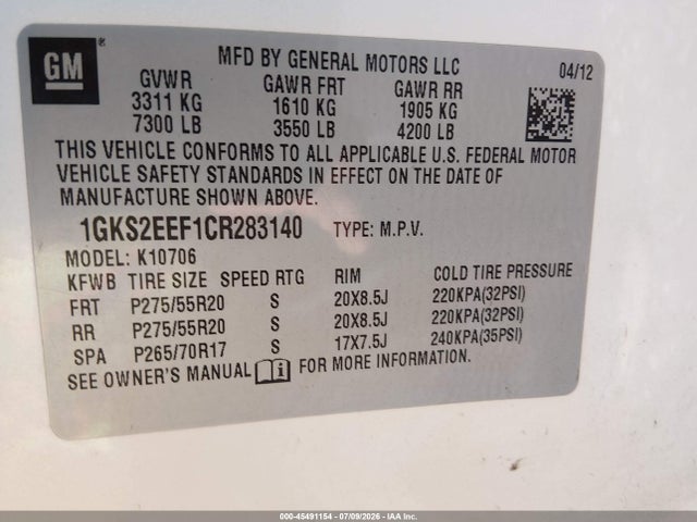2012 Gmc Yukon Denali მანქანა იყიდება აუქციონზე, vin: 1GKS2EEF1CR283140, აუქციონის ნომერი: 45491154
