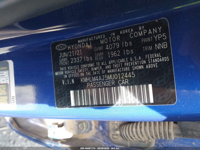 Продажа на аукционе авто 2021 Hyundai Elantra Hybrid Blue, vin: KMHLM4AJ5MU012445, номер лота: 45491174