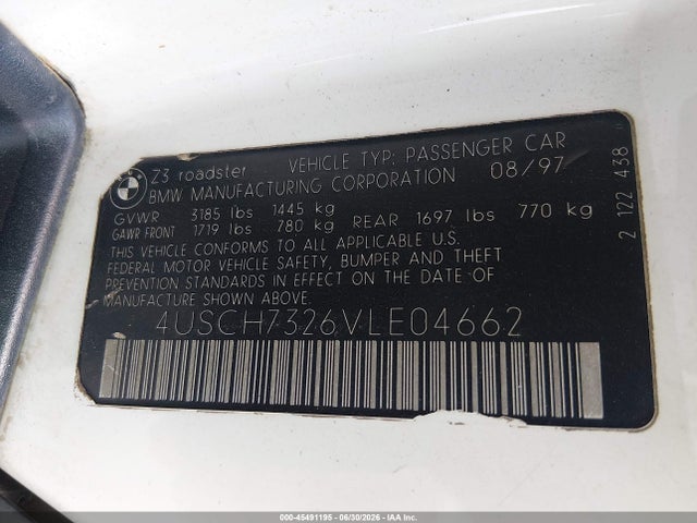 Продажа на аукционе авто 1997 Bmw Z3 1.9l Roadster, vin: 4USCH7326VLE04662, номер лота: 45491195