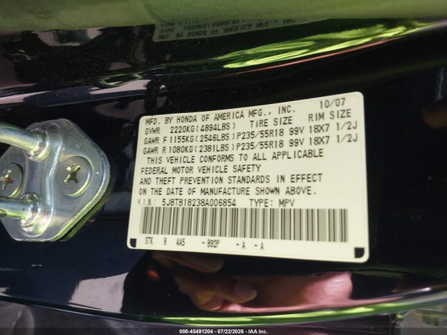 45491204 :رقم المزاد ، 5J8TB18238A006854 vin ، 2008 Acura Rdx مزاد بيع